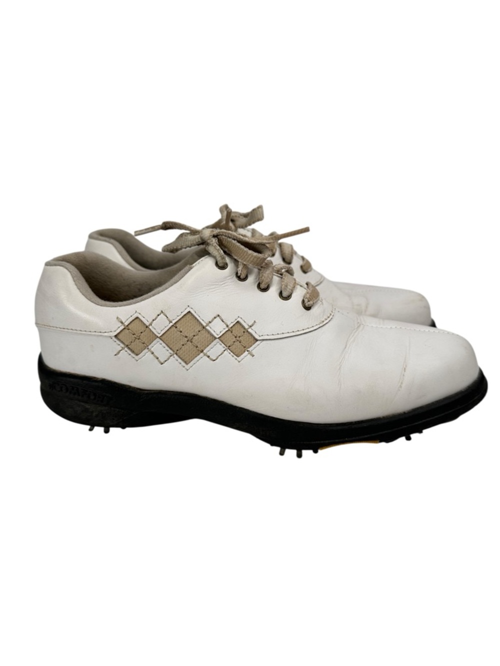 FootJoy eComfort Spiked Golf Shoes White Beige Argyle Leather Womens 7M